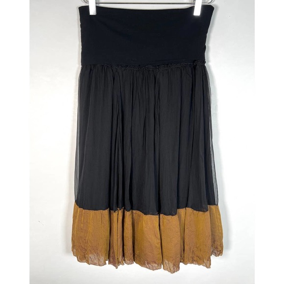 Donna Karan Collection Silk Midi Skirt S Black Bronze Hem Fold Over Waist EUC! - Picture 2 of 9